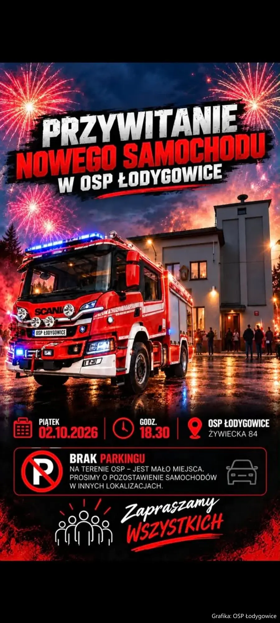 Plakat zapraszający na powitanie nowego samochodu 2 października. Grafika: OSP Łodygowice
