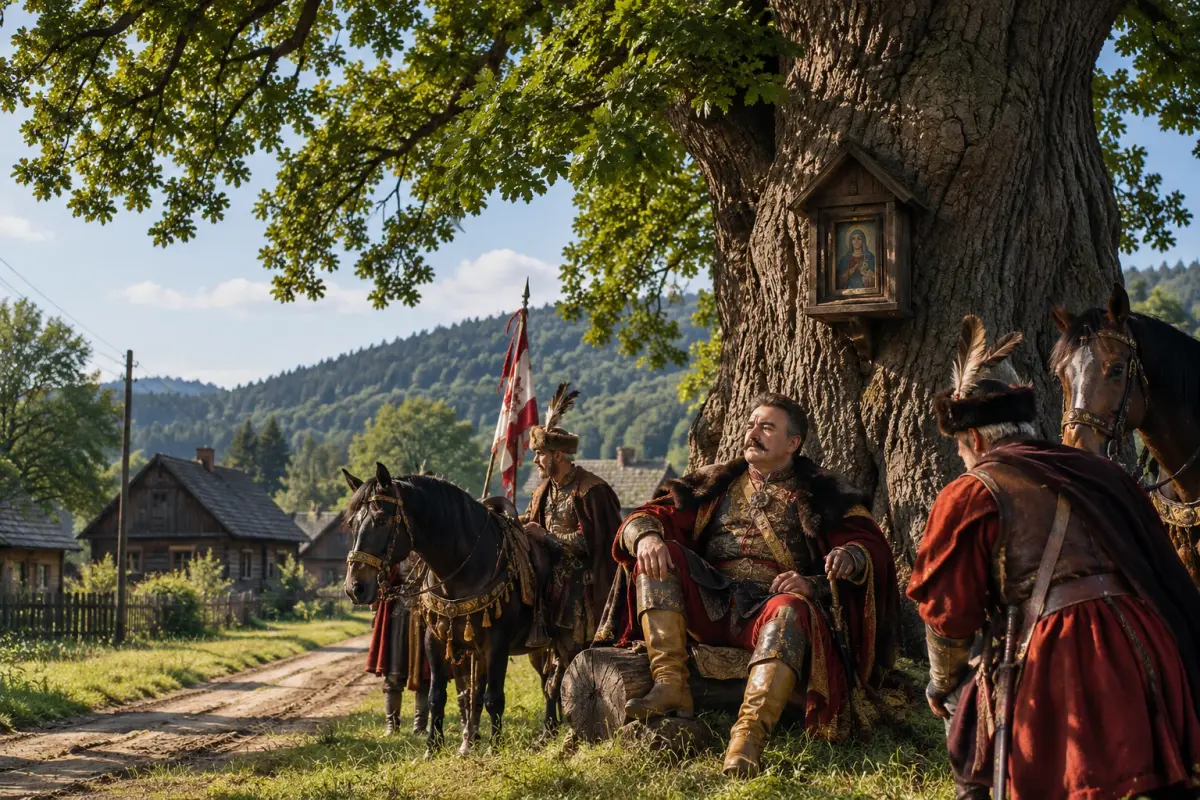 Ilustracja poglądowa – tak według legendy mógł odpoczywać pod Grubym Dębem król Jan III Sobieski.